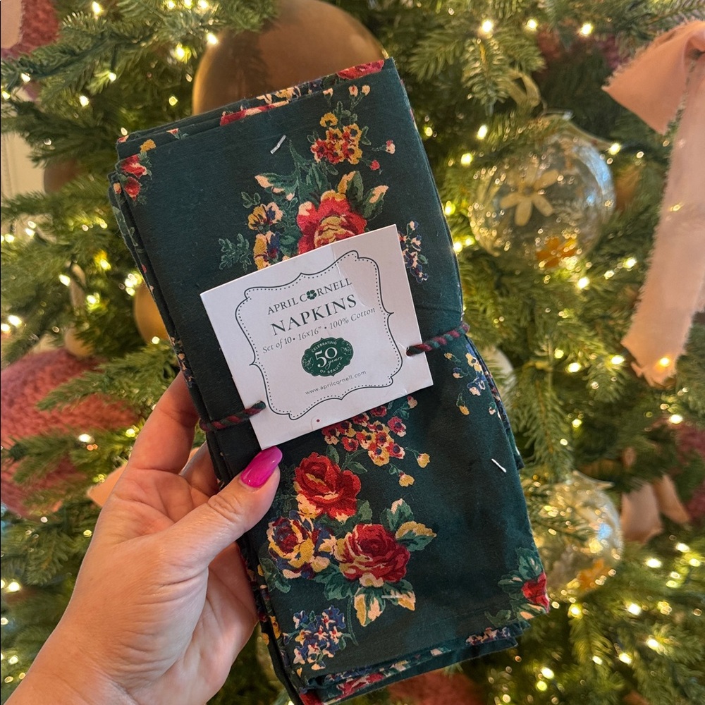 April Cornell table napkins set of 10 green floral rose new